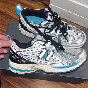 New Balance White and Black Sneakers with Purple Accents